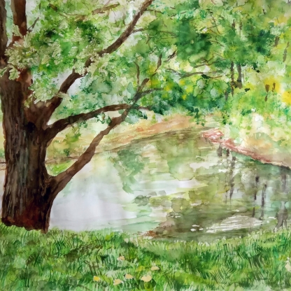 Ručně malovaný Zelený obraz Řeka - posezení u dubu